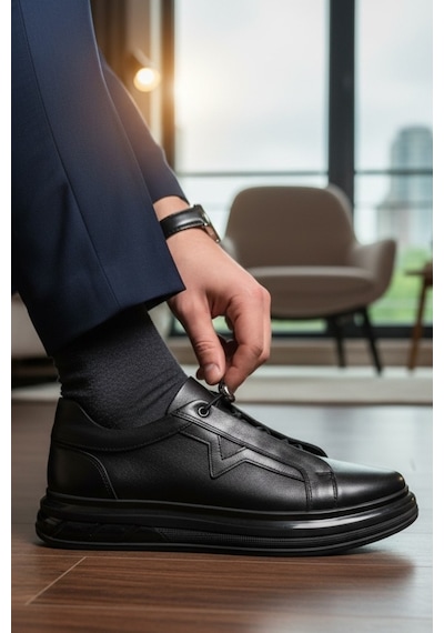 Enoch Hakiki Deri Yıldız Detaylı Günlük Erkek Sneaker Yüksek Comfort Taban Siyah