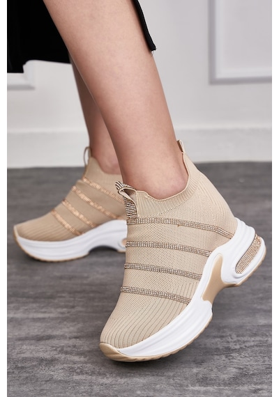 Günlük Triko Kadın Sneaker Gizli Topuk Taşlı Oval Burunlu Rahat Kalıp Nefes Alabilen Spor Ayakkabı 271 Bej Günlük Triko Kadın Sneaker Gizli Topuk Taşlı Oval Burunlu Rahat Kalıp Nefes Alabilen Spor Ayakkabı 271 Bej