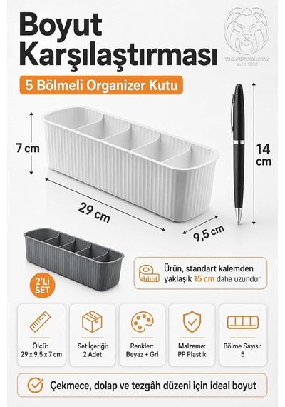 5 Bölmeli Mutfak Organizer Kutusu Gri Beyaz 2li Set Tezgah Üstü Baharatlık Poşet Çay Kahve Kapsülü Düzenleyici Diğer