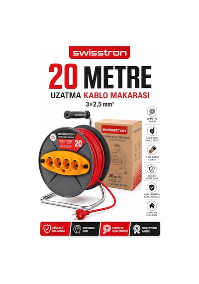 Swisstron Swıss20mk 20metre 3x2,5 Mm Makaralı Uzatma Kablosu 4 Lü Prizli Seyyar Kablo Makarası Bakır 20 M