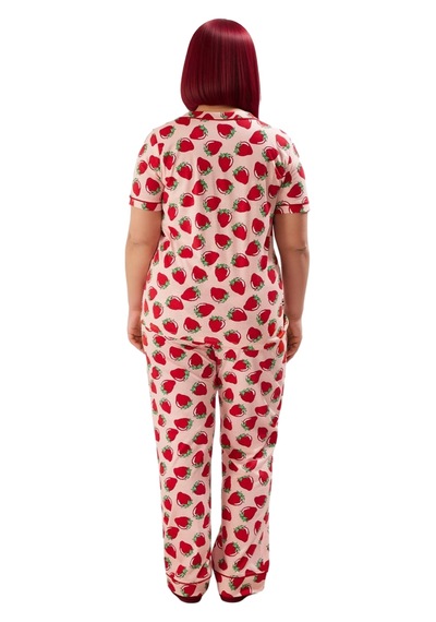 Ersefa Çilek Baskılı Gömlek Yaka Pijama Takımı Kadın Fonksiyonel Dayanık Pembe