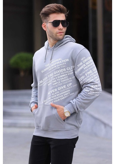 Madmext Boyalı Gri Baskılı Kapüşonlu Sweatshirt 6009 Boyalı Gri