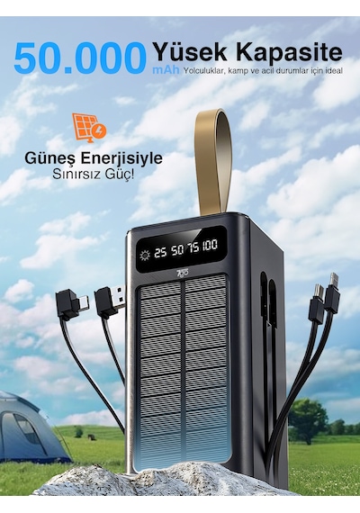 7go Gpw-01 50.000 Mah Solar Powerbank 22.5 W Hızlı Şarj, Dahili Kablolu, Led Ekranlı Taşınabilir Ş Siyah