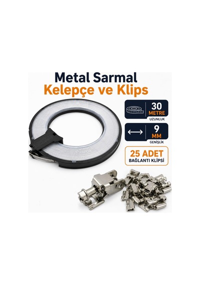 Metal Rulo Kelepçe Tp 9mm 30 Metre + 25 Adet Bağlantı Klipsi Kelepçe Tamir Seti