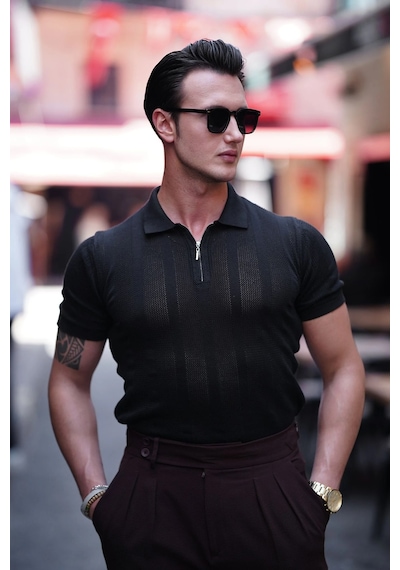 Modefendi Polo Yaka Fermuar Detaylı Örme Tshirt Siyah