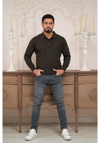Woolen World Polo Yaka Düz Renk Yünlü Erkek Triko Kazak Kahverengi