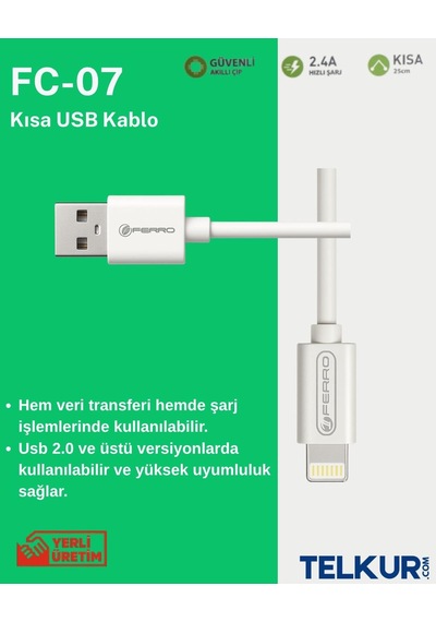 Ferro Fc 07 Apple Uyumlu iPhone Modeller İçin Lightning Powerbank Hızlı Şarj Ve Data Kablosu 0 25cm
