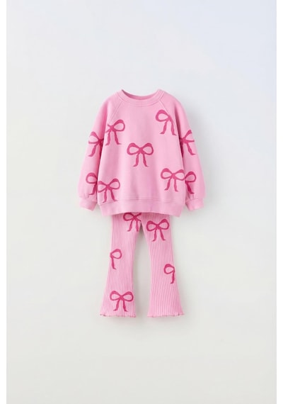 Magu Kız Çocuk Fiyonk Desenli Pembe Sweatshirt Ve İspanyol Paça Tayt Takımı