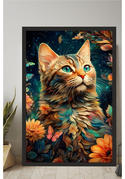 Kedi Tasarımlı Çerçeve Görünümlü Mdf Tablo Çok Renkli - 713604731 Çok Renkli