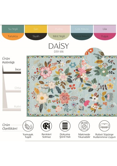 Cool Halı Daisy Su Yeşili Çok Renkli Bohem Çiçek Desenli Şönil Yıkanan Ev Oturma Odası Salon Halısı Yeşil