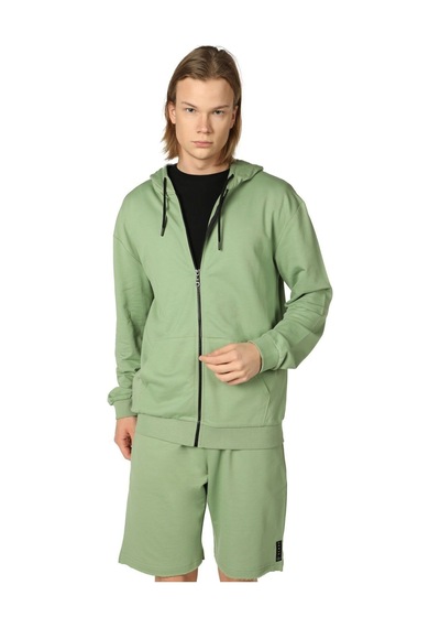 Erkek Kapüşonlu Fermuarlı Oversıze Sweatshırt Koyu Gri Yeşil