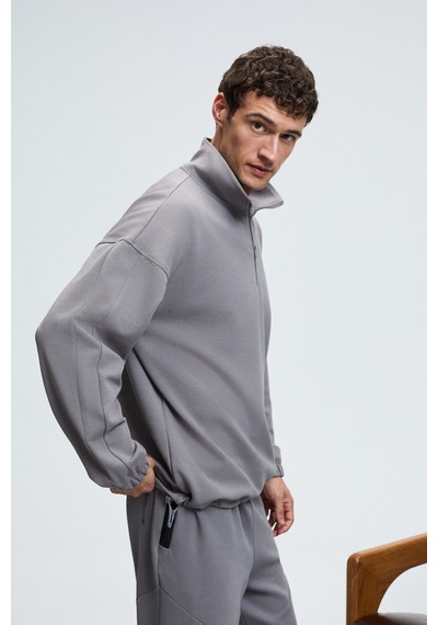 Grimelange EDISON Erkek Yarım Fermuarlı Kolu Baskılı Dik Yaka Koyu Gri Sweatshirt