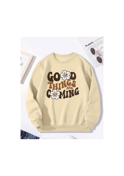 Herkesemoda Good Think Detaylı Bisiklet Yaka İçi Polarlı Sweatshirt Bej