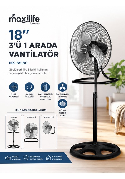 Breeze Mx-bs180 18 İnç 3 Ü 1 Arada Sanayi Tipi 65w 3 Kademeli Ayaklı Vantilatör