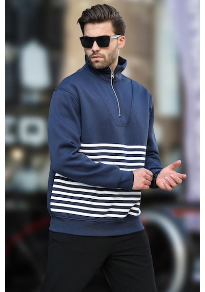 Madmext Lacivert Fermuar Yakalı Çizgili Sweatshirt 7056-lacivert Lacivert