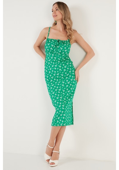 Lela Önü Büzgülü Ip Askılı Yırtmaçlı Fitted Midi Bayan Elbise 5865362 Yeşil