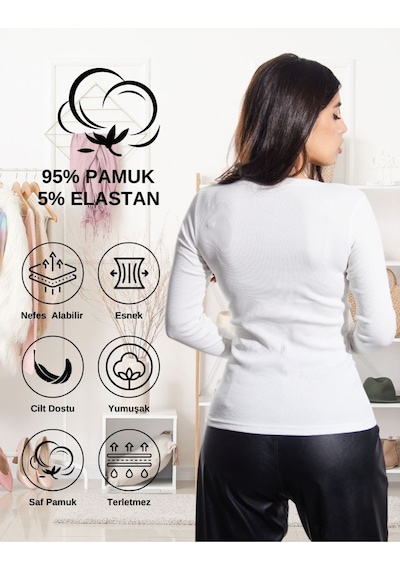 Alya Underwear Pamuklu Kaşkorse V Yaka Body Sweatshirt, Fitilli Kumaş Likralı Bluz, Asker Yeşili Badi Beyaz