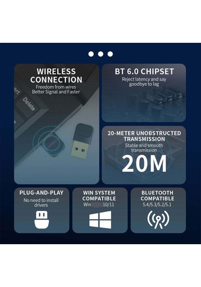 Usb Bluetooth 6.0 Dongle Bluetooth Alıcı Adaptör 20m Mesafeli Engelsiz