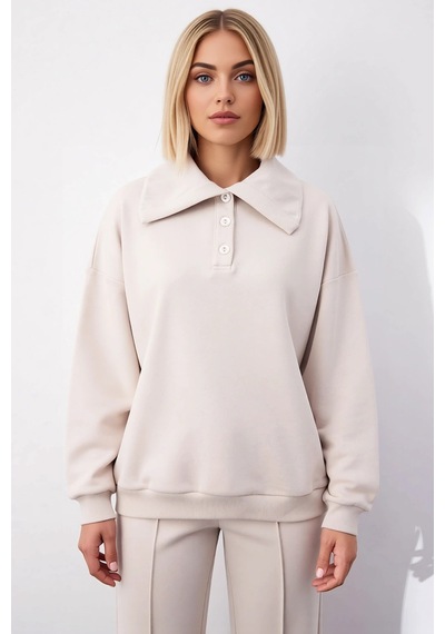 Benerly Kadın Polo Yaka Düşük Kol Örme Sweatshirt Fonksiyonel Dayanıklı K Taş