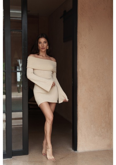 Mai Collection Mai Studios Co. Kirana Carmen Yaka Bej Mini Triko Elbise Bej