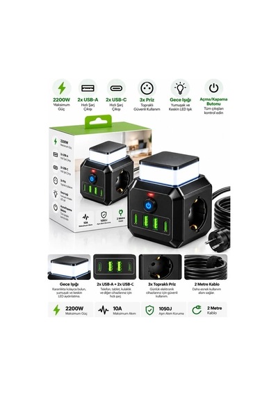 Akım Korumalı 3'lü Priz 2200w 1050j 10a Gece Lambalı 2 Usb 2 Type-c Şarj Girişli Bsp-4 2 M