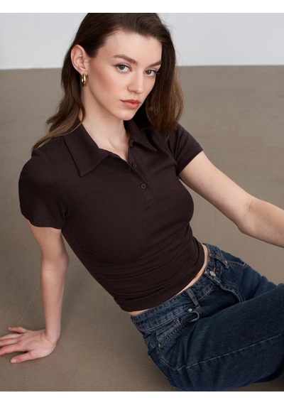Dilvin 32614 Polo Yaka Top-koyu Kahve Kahverengi