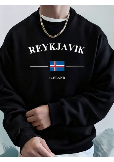 Startmore Startmorereykjavik İzlanda Harf Ve Bayrak Baskılı Erkek Günlük Sıcak Kapüşonlu Üstler Bisiklet Yaka Yu Siyah