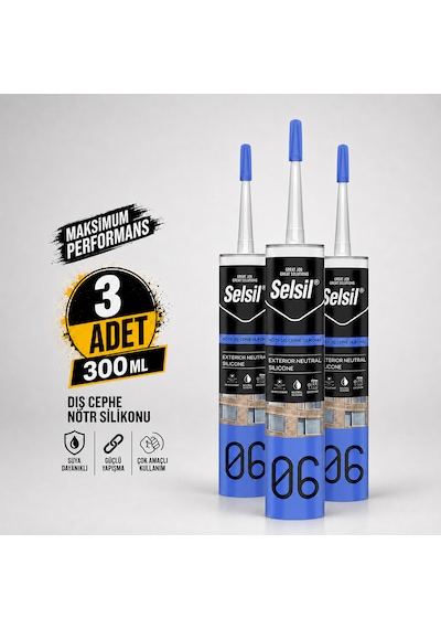 Selsil Şeffaf Nötr Dış Cephe Silikonu 300 Ml Uv Dayanımlı Cam Pvc Beton Derz Dolgu Mastiği 3 Adet