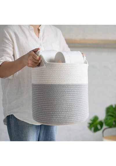 Mavaux Chang Örgü Saplı 3'lü Saplı Sepet, Düzenleyici 3'lü Sepet, Hasır Dokuma Sepet 30cm X 30cm Gribeyaz