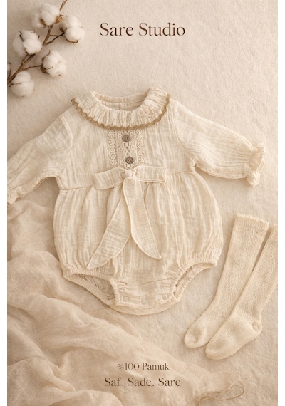Sare Studıo Kız Bebek Müslin Tulum 4 Kat Müslin %100 Pamuk Özel Tasarım Butik Nakış Yaka Detaylı Çoraplı Set Bej Sare Studıo Kız Bebek Müslin Tulum 4 Kat Müslin %100 Pamuk Özel Tasarım Butik Nakış Yaka Detaylı Çoraplı Set Bej