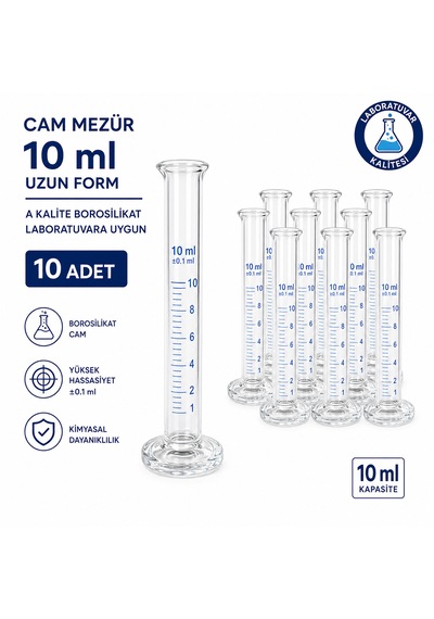 Cam Mezür 10 Ml Uzun Form A Kalite Borosilikat Laboratuvara Uygun 10 Adet