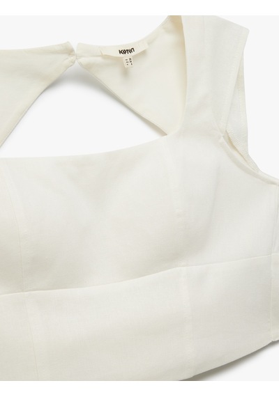 Koton Kırık Beyaz Kare Yaka Kap Kol Keten Crop Top Undetermıned 5sak30003pw Pfd