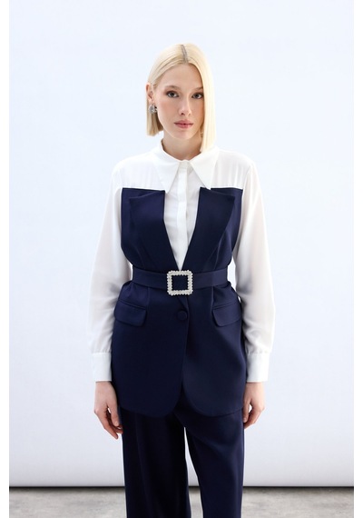 Sateen Ceket Görünümlü Gömlek - Lacivert-136792 Lacivert