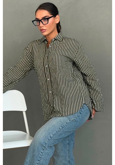 Madmext Haki Çizgili Sendy Kumaş Kadın Gömlek Mg2834