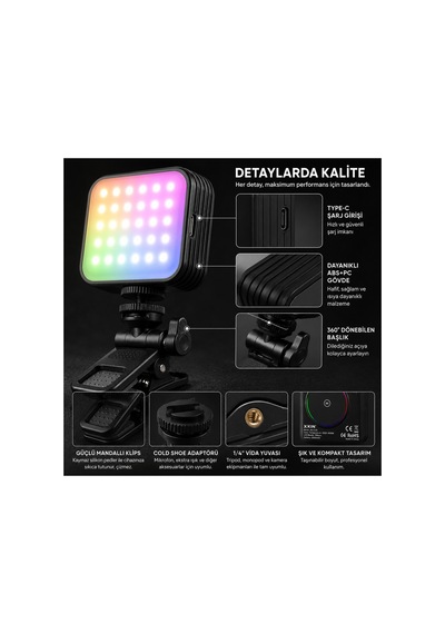 Şarjlı Rgb Mini Led Çekim Işığı Vlog Kamera Ve Telefon Konferans Işığı 2000mah