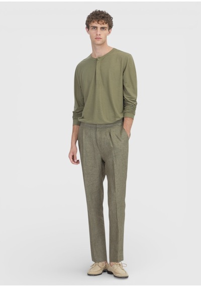 Ramsey Haki Düz Dokuma Regular Fit Casual %100 Keten Pantolon