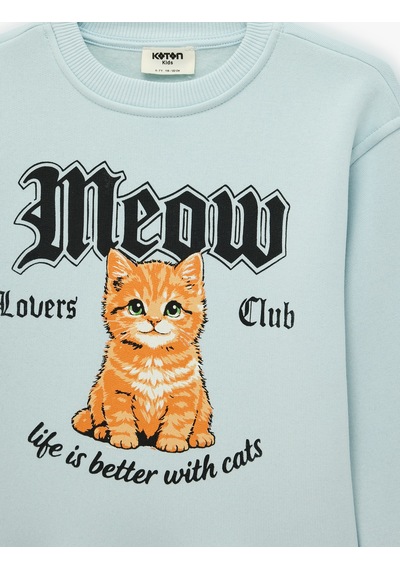 Koton Kedi Baskılı Bisiklet Yaka Uzun Kollu Pamuklu Sweatshirt Mavi 7wkg10261ak