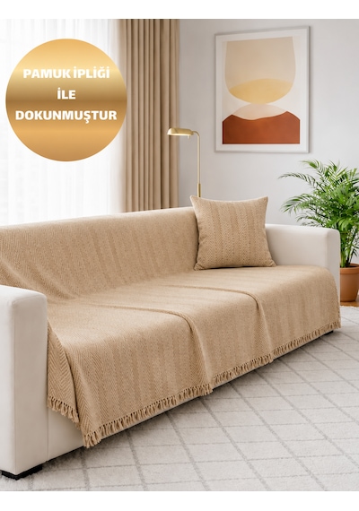 %100 Pamuk Kaymaz & Terletmez & Saçaklı & Yumuşak Koltuk Örtüsü-tek Ve Çift Kişilik Koltuklar İçin- 170 X 200 Cm Bej