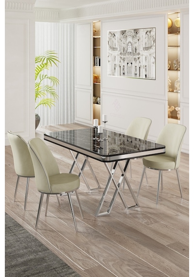 Canisa Vals Serisi 80x130 Lak Panel Siyah Mermer Desen Masa Takımı Krom Ayaklı 4 Krem Sandalye Masa Siyah Mermer Desen Sandalye Krem Canisa Vals Serisi 80x130 Lak Panel Siyah Mermer Desen Masa Takımı Krom Ayaklı 4 Krem Sandalye Masa Siyah Mermer Desen Sandalye Krem