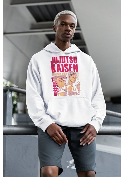 Jujutsu Kaisen Itadori Yuji Baskılı Unisex Oversize Anime Hoodie Beyaz