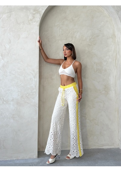 Verymoda Kot Detaylı Dantel Pantolon F1759 Sarı