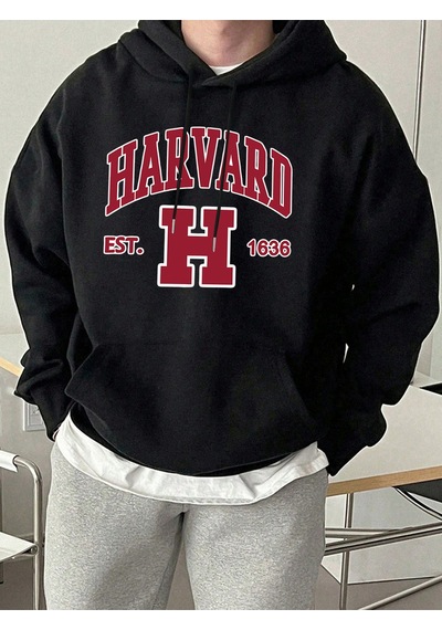 Startmore Startmoreharvard Est. 1636 Baskılı Spor Rahat Hoody Erkekler Sokak Polar Tişörtü Rahat Bol Giysiler Vi Siyah
