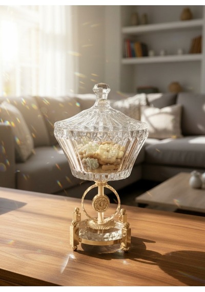 Alfafe Home Ultra Lüks Kristal Kapaklı Salata Kasesi Şekerlik Gold Detaylı Büyük Kristal Kase Gold