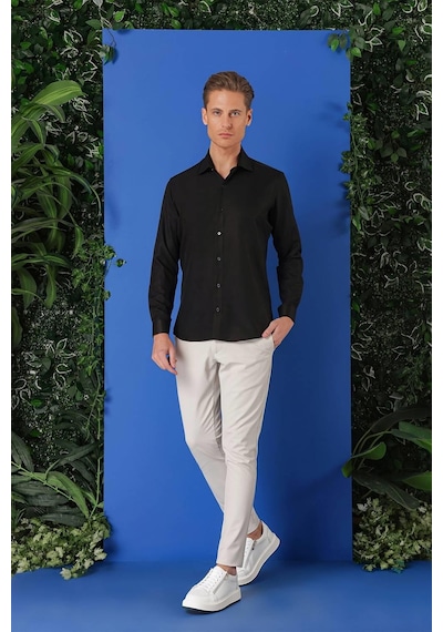 Efor Gk 719 Slim Fit Dokulu Pamuklu Klasik Siyah Gömlek Siyah