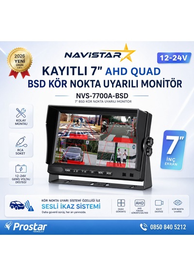 7 İnç Kayıtlı Ahd Quad Araç Monitörü - Sesli Bsd Kör Nokta Uyarılı, 12-24v, Rca Soketli