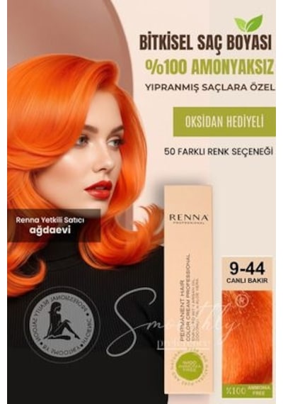 Renna Amonyaksız Bitkisel Yıpranmış Saçlar İçin Saç Boyası 9-44 Canlı Bakır 60ml