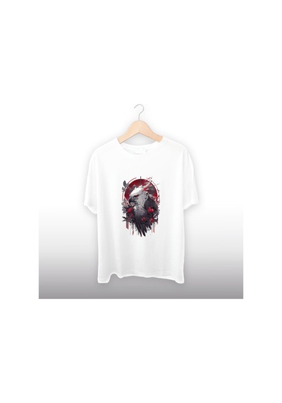 Kuş Çizimi Detaylı Unisex Tişört Beyaz