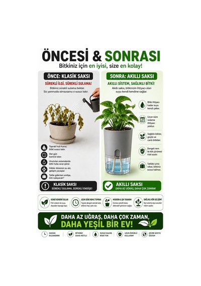 Akıllı Saksı Kendinden Sulamalı Fitilli Modern Dekoratif Saksı 2 Litre 07092104