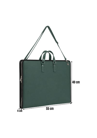 40x55 Cm Suni Deri Saplı Ve Askılı Resim Proje Çantası Koyu Yeşil 35x50 Cm Uyumlu, Cepli