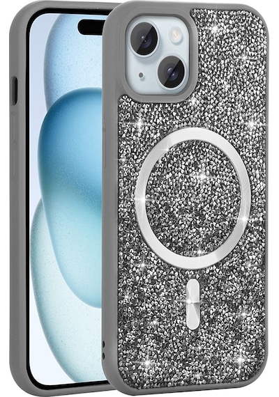 Zore Apple Uyumlu iPhone 15 Plus Kılıf Pırlanta Tasarımlı Magsafe Şarj Özellikli Mozaik Siliko Gri